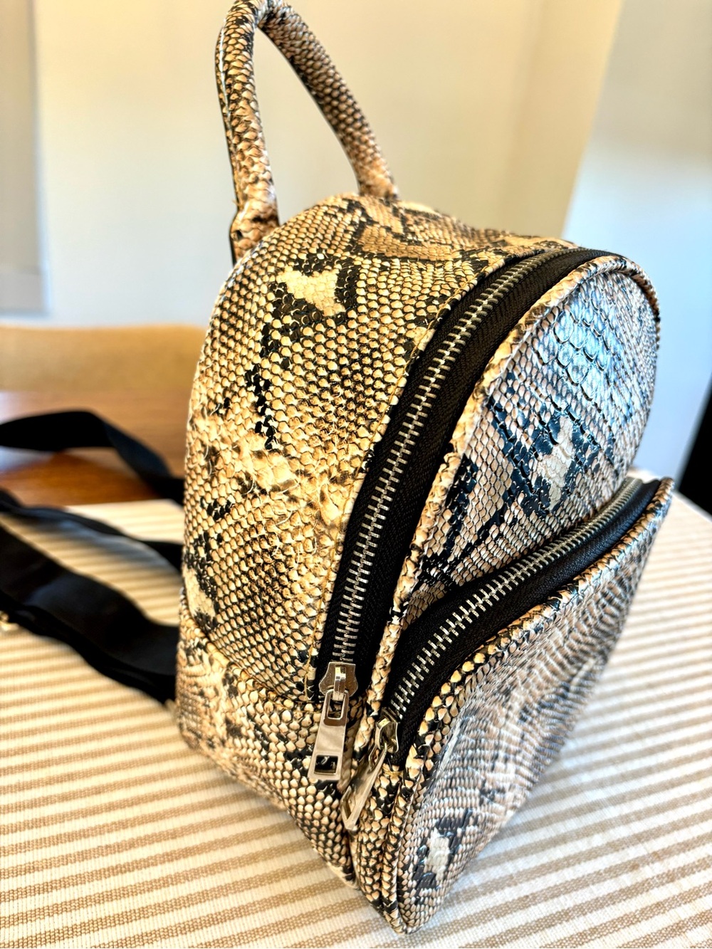 Mini Python-Pattern Backpack in Beige and Black